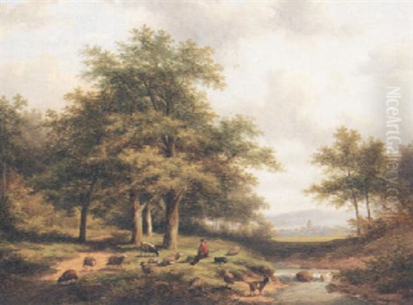 A Sheperd With Sheep And Goats Resting In A River Landscape - view 1