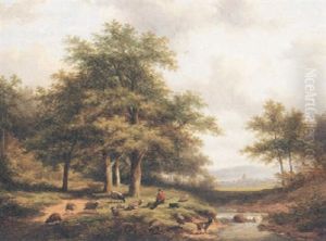 A Sheperd With Sheep And Goats Resting In A River Landscape A Sheperd With Sheep And Goats Resting In A River Landscape