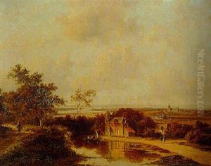 A Panoramic River Landscape With A Moored Sailing Boat By A Fortified Mansion
