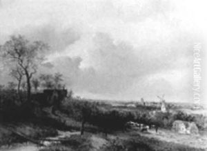 An Extensive River Landscape With A Drover And Cows