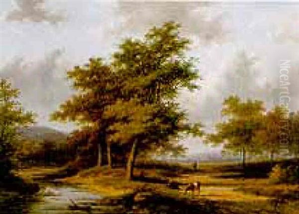 Cattle Herder Beside A Stream In An Extensive Wooded Landscape - view 1