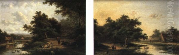 Figures And Sheep On A Path In A Wooden River Landscape - view 1