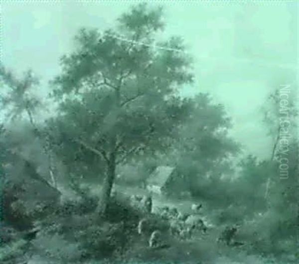 Herder With Sheep And Goats Near A Cottage In A Landscape - view 1
