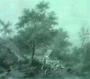 Herder With Sheep And Goats Near A Cottage In A Landscape by Jan Evert Morel the Younger