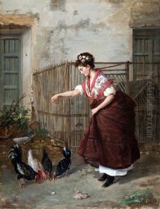 Mujer Alimentando Gallinas by Carlos Morel
