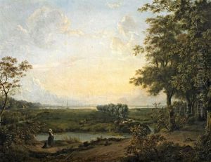 Weite Landschaft Im Abendlicht Mit Junger Hirtin by Casparus Johannes Morel