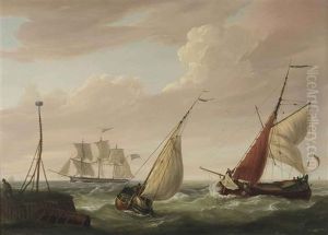 Sailing Vessels Near The Harbour Entrance by Casparus Johannes Morel