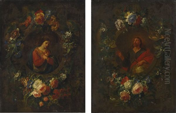 The Virgin Annunciate In A Carved Niche With A Floral Garland; Christ As Salvator Mundi In A Carved Niche With A Floral Garland - view 1