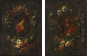 The Virgin Annunciate In A Carved Niche With A Floral Garland; Christ As Salvator Mundi In A Carved Niche With A Floral Garland by Jean-Baptiste Morel