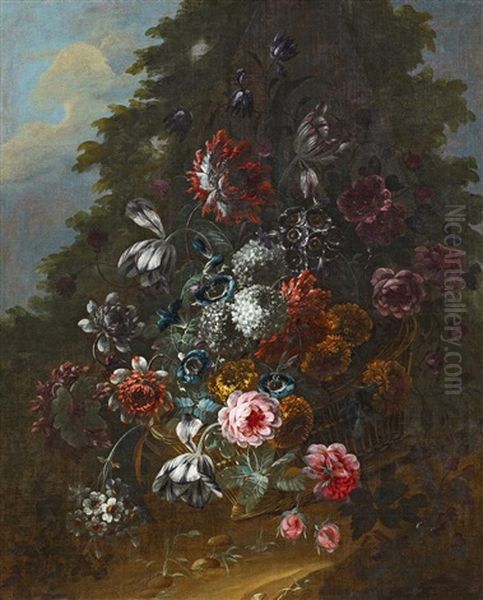 Groses Blumenstillleben In Einem Geflochtenen Korb Vor Landschaft - view 1