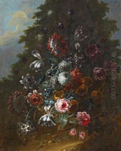 Groses Blumenstillleben In Einem Geflochtenen Korb Vor Landschaft by Jean-Baptiste Morel