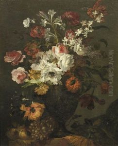 Roses, Narcissi, Carnations And Other Flowers In A Vase On A Stone Ledge With A Bunch Of Grapes by Jean-Baptiste Morel
