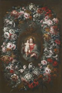 The Madonna And Child In A Floral Garland by Jean-Baptiste Morel