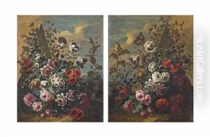 Roses, Parrot Tulips, Peonies, Daisies And Other Flowers Before A Sculpted Pyramid; Roses, Parrot Tulips, Peonies And Other Flowers Before A...(pair)