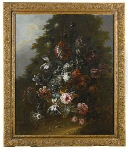 Still Life Of Flowers Including Variegated Tulips, Carnations Roses And Other Assorted Flowers Arranged In A Basket