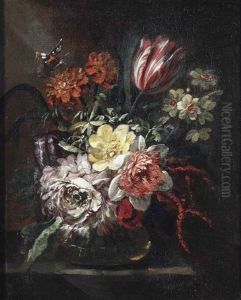 A Tulip, Roses, Daffodils And Other Flowers In A Glass Vase, A Butterfly Above, All On A Partially Draped Table by Jean-Baptiste Morel