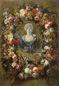 Buste De Femme Et Perroquet Dans Une Guirlande De Fleurs