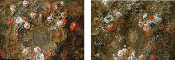Roses, Tulips And Other Flowers Adorning A Cartouche (+ Another; Pair) - view 1
