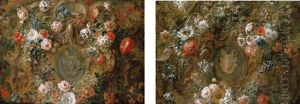 Roses, Tulips And Other Flowers Adorning A Cartouche (+ Another; Pair)