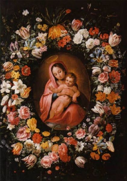 La Vierge Et L'enfant Entoures D'une Guirlande De Fleurs - view 1