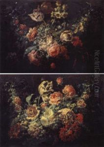 Guirlande De Fleurs Retenues Par Un Ruban Bleu