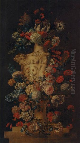 Roses, Hyacinths, Daffodils, Carnations And Other Flowers In A Sculpted Urn On A Stone Ledge - view 1