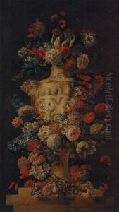 Roses, Hyacinths, Daffodils, Carnations And Other Flowers In A Sculpted Urn On A Stone Ledge