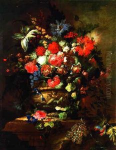 Roses, Peonies, Carnations, Morning Glory And Other Flowers In A Sculpted Urn With Grapes On A Ledge