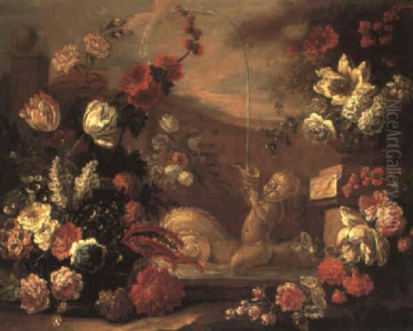 Still Life With Flowers In A Basket In A Parkland With A Fountain - view 1