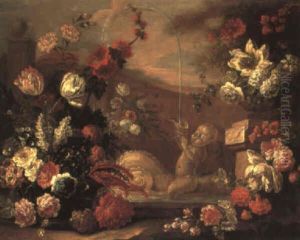 Still Life With Flowers In A Basket In A Parkland With A Fountain