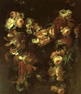Garland Of Tulips And Other Flowers Hanging From Brass Rings by Jean-Baptiste Morel