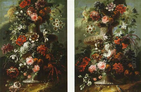 Still Lifes With Tulips, Roses, Poppies,           Nasturtians And A Phesant Eye In Stone Urns - view 1
