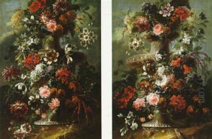 Still Lifes With Tulips, Roses, Poppies,           Nasturtians And A Phesant Eye In Stone Urns