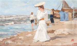 Elegant Lady On The Beach Of Domburg by Willem Ferdinand Abraham Isaac (Vaarzon) Morel