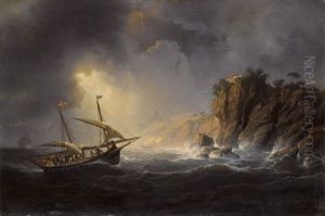 Segelschiffe Bei Sturmischer See Vor Einer Steilkuste