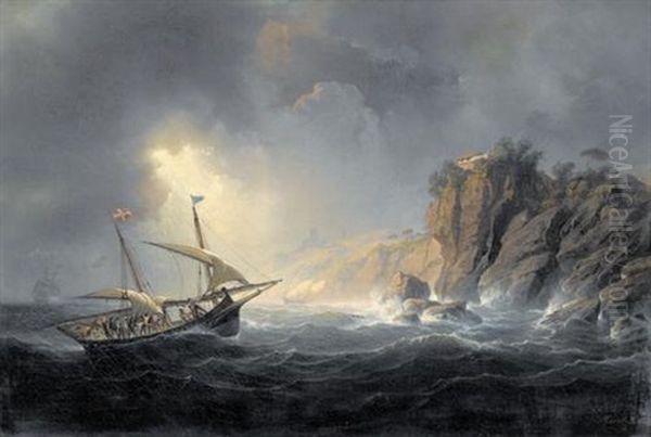 Sturmische Kustenpartie Mit Segelschiffen - view 1