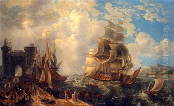 A Squadron Of Warships Of The Royal Navy Coming Into Port, Possibly On The Black Sea, With English Soldiers On The Quayside - view 1
