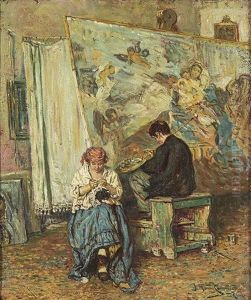 El Pintor Y Su Modelo by Jose Moreno Carbonero