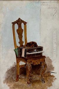 Stilleben Mit Schlafendem Hund Auf Akkordeon Und Barockstuhl by Jose Moreno Carbonero