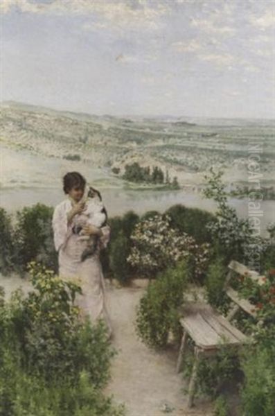 Frau Mit Katze In Fruhlingshafter Landschaft Bei Toledo. Weiter Blick In Die Landschaft Der Meseta Mit Dem Hochwasser Fuhrenden Tajo - view 1