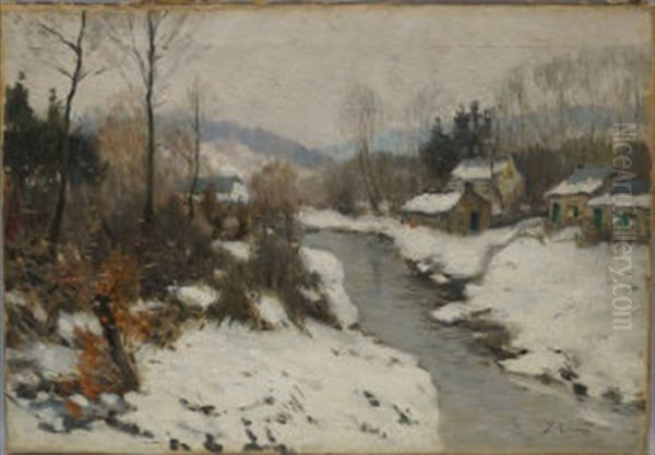 Mountain River Landscape With A Village In Winter - view 1