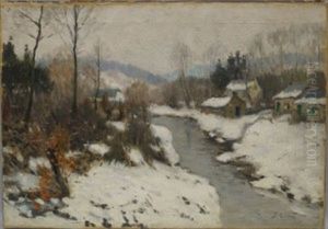 Mountain River Landscape With A Village In Winter Mountain River Landscape With A Village In Winter