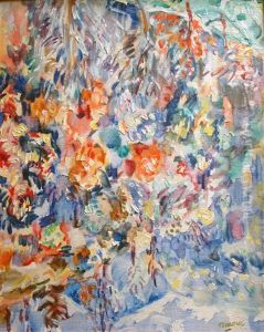 Fleurs Et Arbres Devant La Montagne by Rene Morere