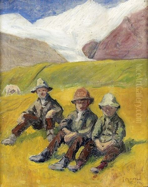 Drei Sitzende Hirtenkinder Vor Alpenlandschaft - view 1