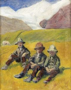 Drei Sitzende Hirtenkinder Vor Alpenlandschaft by Edouard Morerod