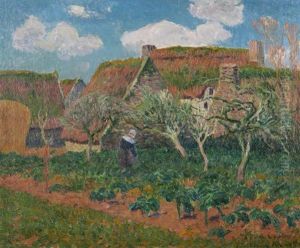Bretonnes Jardinant Pres Des Chaumieres by Henry Moret