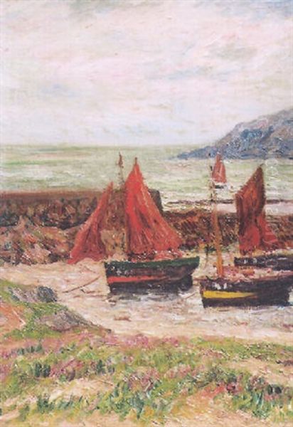 Barques Au Sec Sechant Leurs Voiles Rouges - view 1