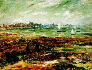 Barques Sous Voiles Et Bretonnes Sur La Greve by Henry Moret