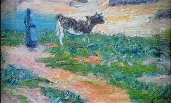 Vache Et Fermiere Dans La Lande - view 1