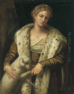 Portrait Of A Lady As Saint Agnes In A Brown Dress With Fur A Collar by Alessandro Bonvicino (Moretto da Brescia)